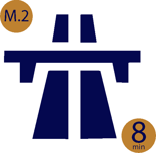 The drive time is a little under 8 minutes to reach the M-2 Motorway